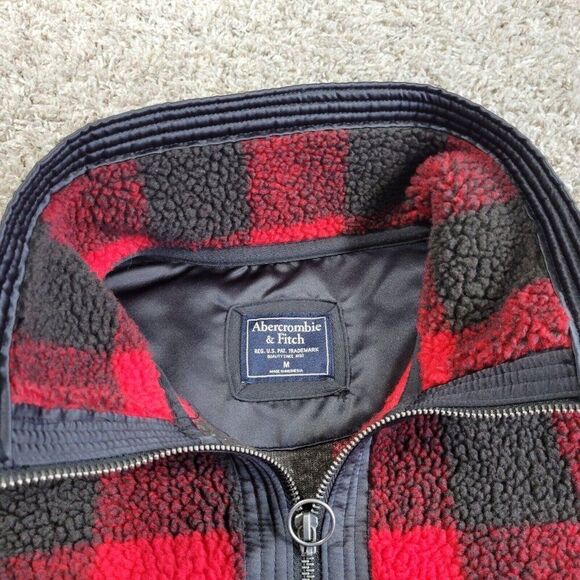 Abercrombie Fitch Jacket Pullover Mens Medium Red Gray Sherpa 1/4 Zip Mock Plaid - Picture 2 of 6